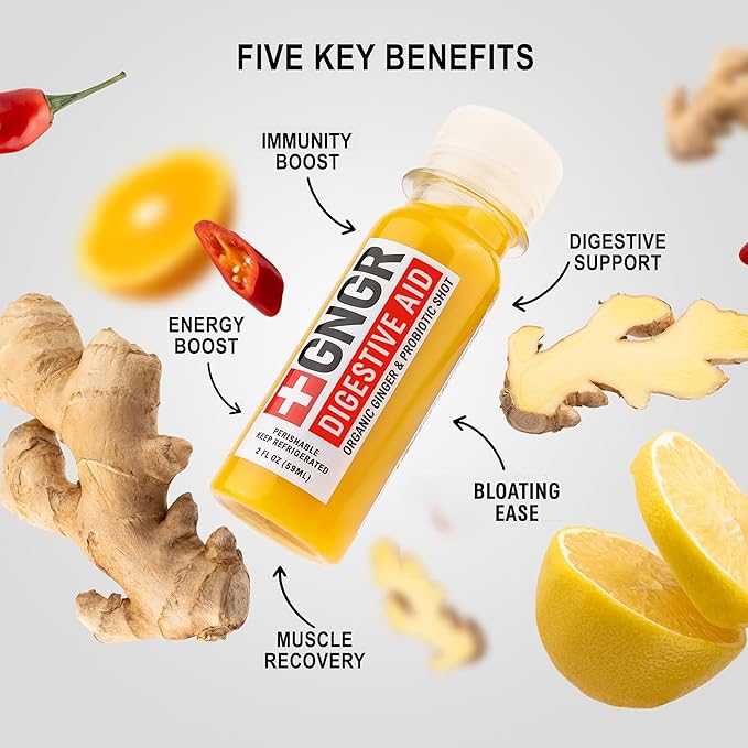 '+GNGR Digestive Aid Organic Ginger Shots with Probiotics, Gut Health, Colon Cleanse, Bloating Relief, Gut Detox, Immunity Shots with Ginger Juice, Turmeric, Black Pepper. (2 Oz, Pack of 12)-GravixFit