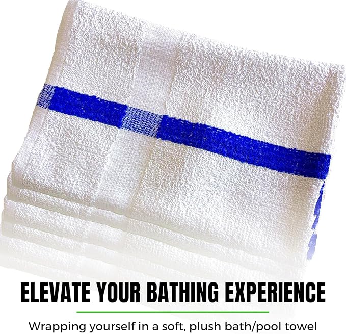 Towels N More 24x48 Soft Poolside Towels - 24 Large Super Absorbent Pool Towel White and Blue Center Stripe - Ideal for Home, Pool, Spa, Gym, Hotel, Motel Rental Room Use - 100% Cotton Bath Towels-GravixFit