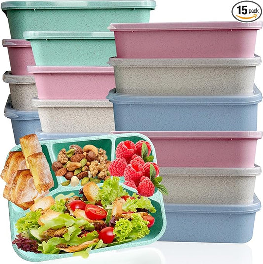 15 PCS Bento Box, 4 Compartment Bento Box Adult Set, Wheat Straw Bento Lunch Box, Reusable Lunch Snack Box, Microwave, Dishwasher and Freezer Safe Meal Prep Containers for Work, School and Travel-GravixFit