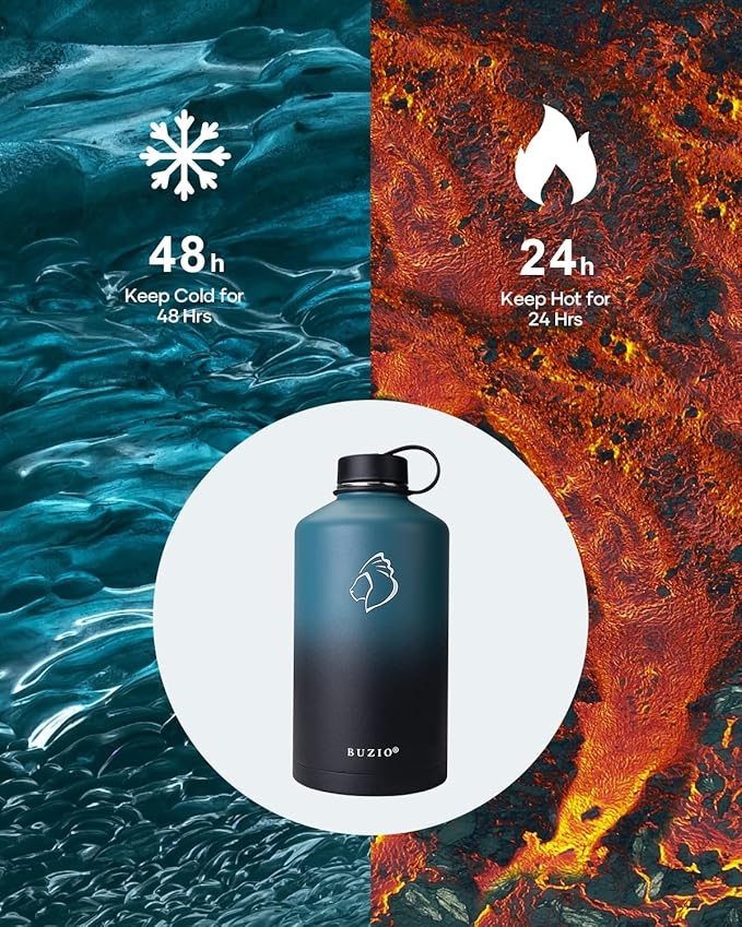 BUZIO 1 Gallon Water Bottle Insulated with Straw Lid, 128oz Large Water Jug Stainless Steel Metal Vacuum Water Flask Leak Proof 18/8 Food Grade Thermo Mug Keep Cold 48H & Hot 24H, Indigo Crush-GravixFit