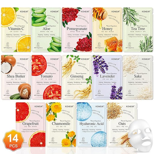 14 Pack Sheet Face Masks Skincare for All Skin Types, Hydrating Face Masks Suitable for Sensitive Skin, Bulk Facial Mask Set for Women Skin Care, Face Mask Gifts Set for Face Spa-GravixFit