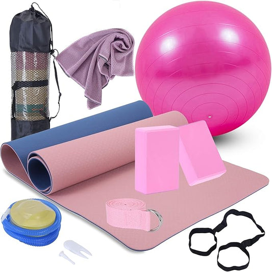 Yoga Starter Kit - 11-Piece Set with Yoga Blocks, Strap, Ball, Mat, Carrying Strap, Net Bag, Cooling Towel-GravixFit
