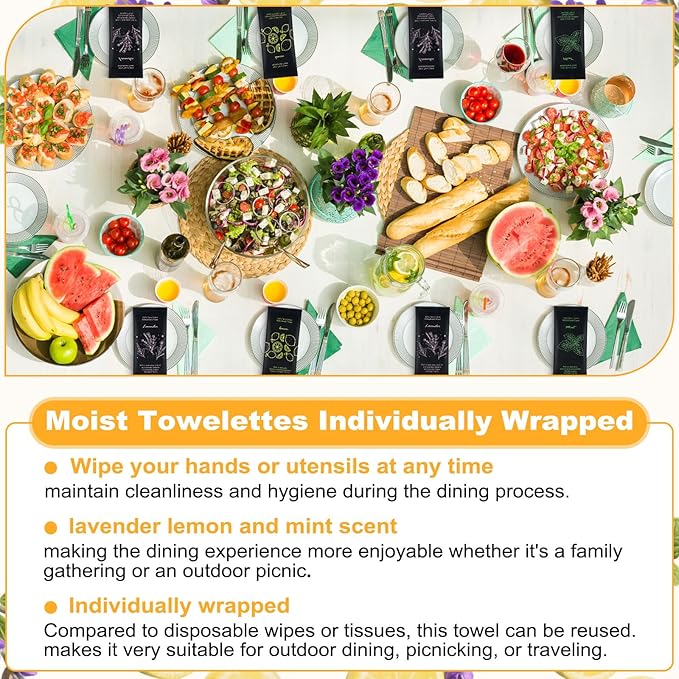 Moist Cotton Towel Bulk Moist Towelettes Individually Wrapped 8.7" x 8.7",White Towel Services,Refreshment Pre Moistened Towels Lavender, Lemon and Mint for Sport Party Spa （pack of 60)-GravixFit