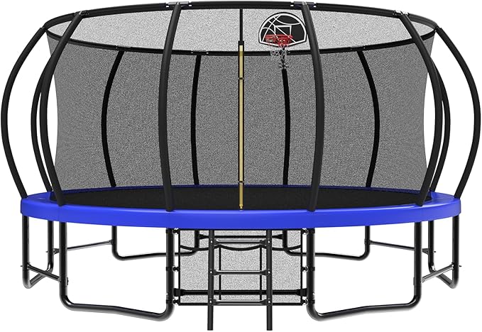 10 12 14 15 16FT Outdoor Trampolines for Kids and Adults, Pumpkin Trampoline with Curved Poles, Recreational Trampoline with Basketball Hoop and Safety Enclosure Net for Kids and Adults-GravixFit