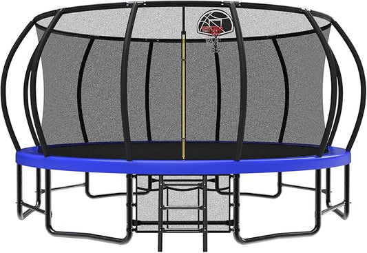 10 12 14 15 16FT Outdoor Trampolines for Kids and Adults, Pumpkin Trampoline with Curved Poles, Recreational Trampoline with Basketball Hoop and Safety Enclosure Net for Kids and Adults-GravixFit