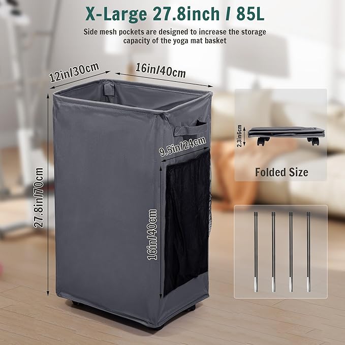 Yoga Mat Storage Racks, Home Gym Storage Rack with Wheels, Yoga Mat Holder Side 2 Mesh Pockets, Yoga Storage Basket Holds 4 Yoga Mats, 2 Foam Rollers, 6 Resistance Bands-GravixFit