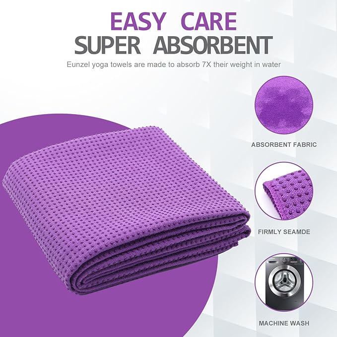 Eunzel Yoga Towel,Hot Yoga Mat Towel with Grip Dots Sweat Absorbent Non-Slip for Hot Yoga, Pilates and Workout 24" x72", Purple-GravixFit