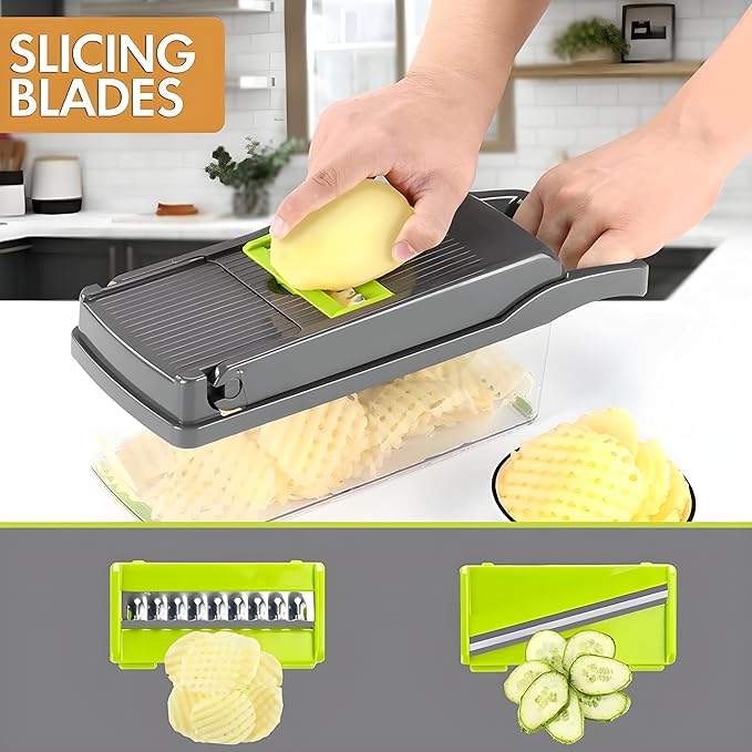 16-in-1 Vegetable Chopper & Slicer | Stainless Steel Mandoline Cutter with Onion Dicer, Grater, Spiralizer, Julienne Blades | Multifunctional & Manual Kitchen Tool I Lightweight & Easy To Use-GravixFit