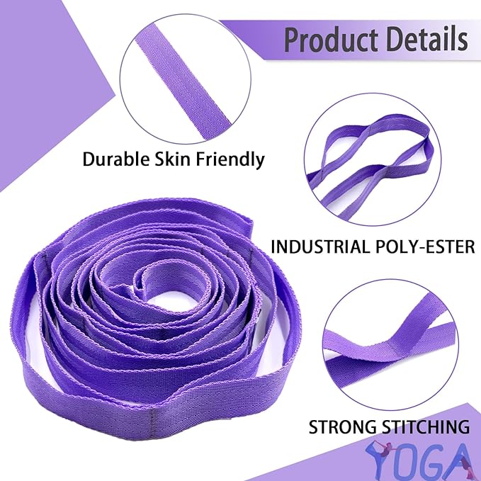Stretching Strap Yoga Strap with Loops, Stretch Straps for Physical Therapy, Non-Elastic Exercise Strap for Pilates, Dance and Gymnastics with Workout Guide-GravixFit