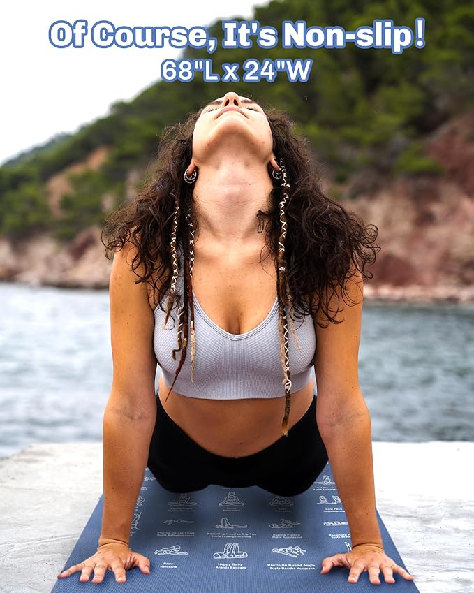 Instructional Travel Yoga Mat with 75 Poses & Exercises - Non-slip Exercise Mat for Home Workout, Includes Carrying Bag - Perfect for Beginners, 68"x24"x0.25"-GravixFit