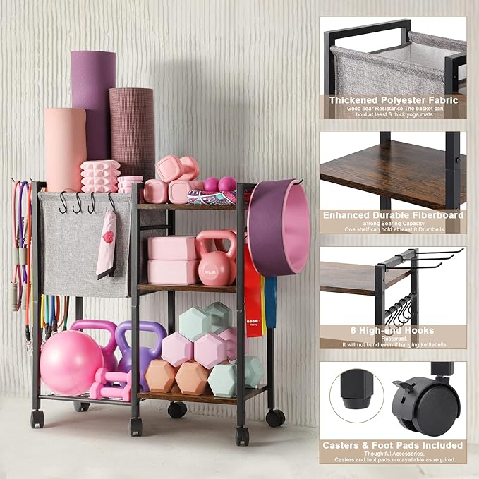 Yoga Mat Storage Rack Home Gym Equipment Organizer Holder for Foam Roller Dumbbells Kettlebells Resistance Bands and More Accessories Women Men Workout Organization with Hooks Wheels (Black)-GravixFit