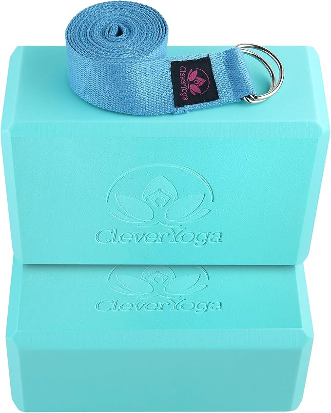 Clever Yoga Blocks 2 Pack with Strap - Extra Light Weight Sweat Repelling Foam Yoga Block Set with Cotton 8ft Yoga Stretch Strap - Yoga Block and Strap Set Kit for Beginner to Pro - Exercise-GravixFit