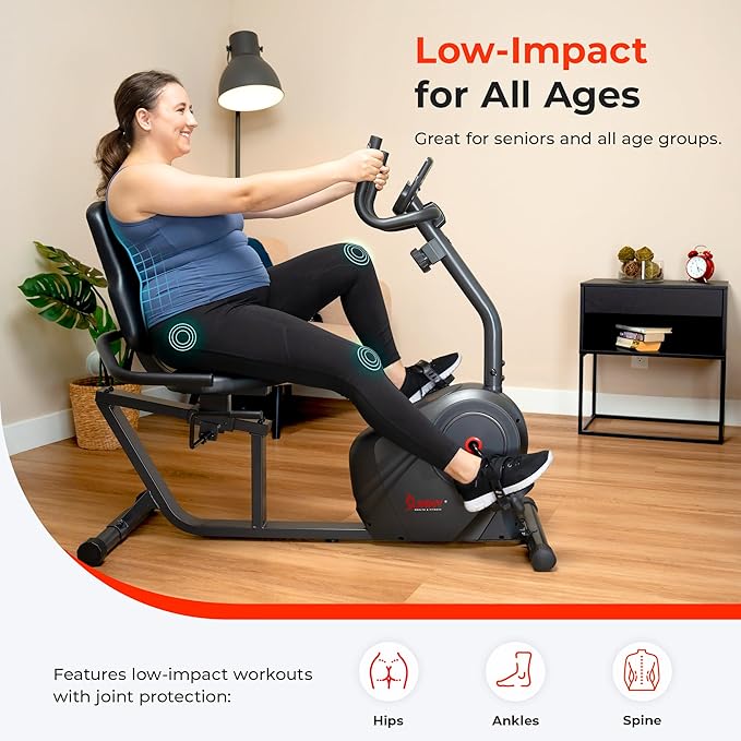 Sunny Health & Fitness Smart Heavy-Duty Recumbent Bike w/Wide Cushioned Seat & Back, Indoor Cycling Machine for Adult/Seniors Home Exercise, Free SunnyFit App Connect, Optional Workout Training Bands-GravixFit
