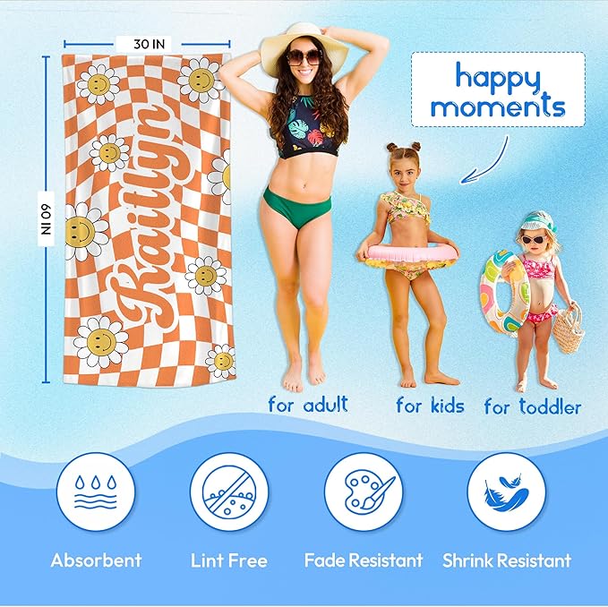 JML Personalized Beach Towel with Name, Custom Flower Beach Towel, Customized Microfiber Pool Towel, Quick Dry & Absorbent Swim Towel for Adult,Anniversary, Birthday, Summer Holiday,Vacation-GravixFit