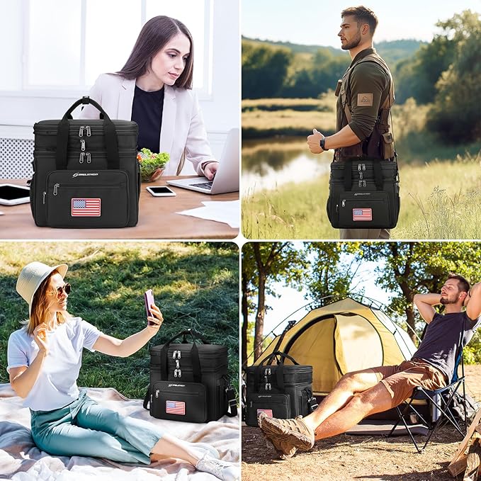 Maelstrom Tactical Lunch Box for Men, 23L Insulated Lunch Bag, Expandable Double Deck Cooler Bag, Lightweight Leakproof Tote Bag With Side Tissue Pocket, Suit For Men and Women, Black-GravixFit