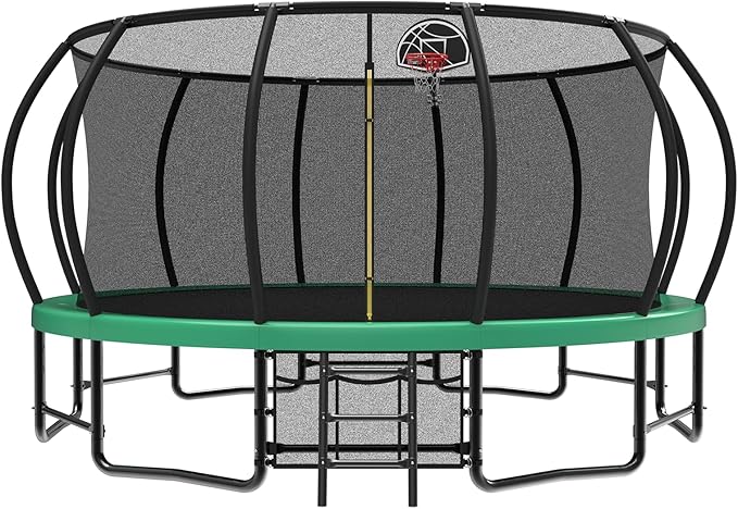 10 12 14 15 16FT Outdoor Trampolines for Kids and Adults, Pumpkin Trampoline with Curved Poles, Recreational Trampoline with Basketball Hoop and Safety Enclosure Net for Kids and Adults-GravixFit
