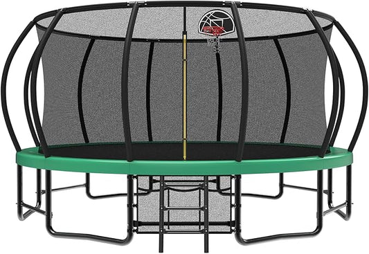 10 12 14 15 16FT Outdoor Trampolines for Kids and Adults, Pumpkin Trampoline with Curved Poles, Recreational Trampoline with Basketball Hoop and Safety Enclosure Net for Kids and Adults-GravixFit
