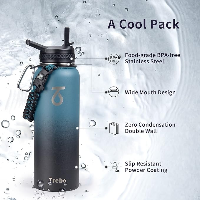Trebo Water Bottle Insulated 40oz with Paracord Handle, Vacuum Double Wall Stainless Steel Water Jug, 48hr Cold Retention, Leakproof BPA-Free Flask With 3 Lids Fits in Car Cup Holder, Indigo/Black-GravixFit