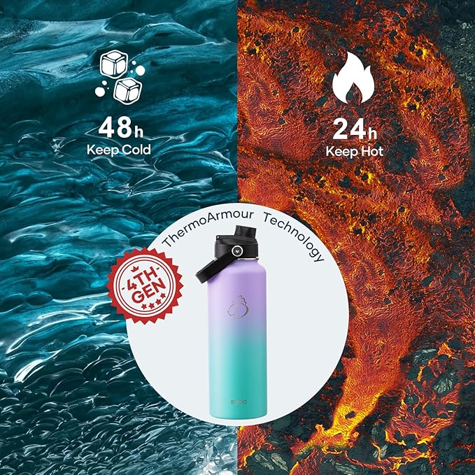 BUZIO 40oz Insulated Water Bottle, Stainless Steel Double Wall Water Flask (Cold for 48 Hrs) Leak Proof Sports Bottles Jug with Straw Lid Flex Cap Metal Canteen for Gym Travel Camping,Purple Green-GravixFit