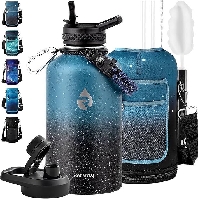 64oz Insulated Water Bottle, Triple Wall Vacuum Stainless Steel Water Bottles - Keeps Cold 48H, Reusable Half Gallon Jug for Gym, Sports, Camping, Hiking,Travel, Midnight Blue Speckle-GravixFit