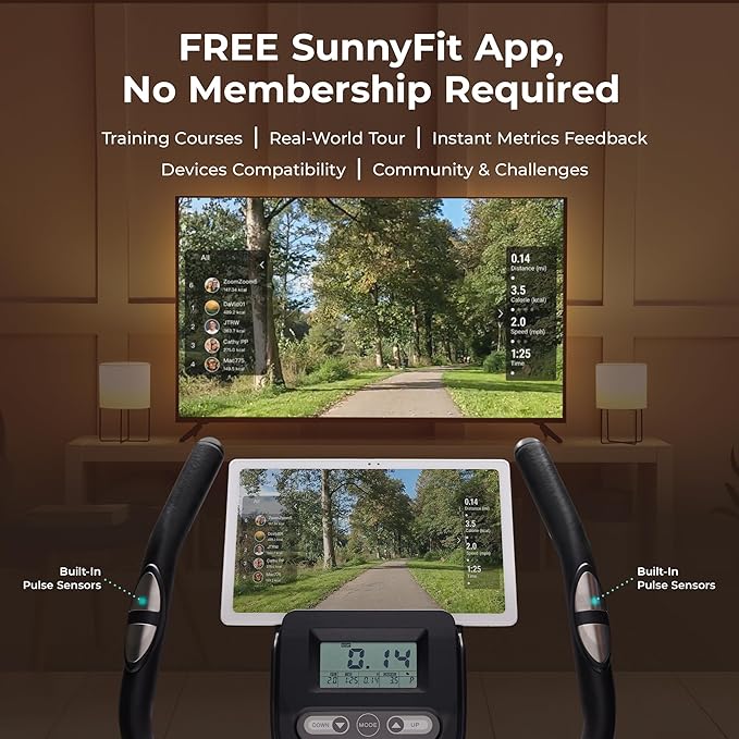 Sunny Health & Fitness Smart Stationary Exercise Upright Bike w/Pulse Sensor & 4-Way Adjustable Seat, Cycling Machine for Home Cardio Training, Free SunnyFit App Connection, Optional Resistance Band