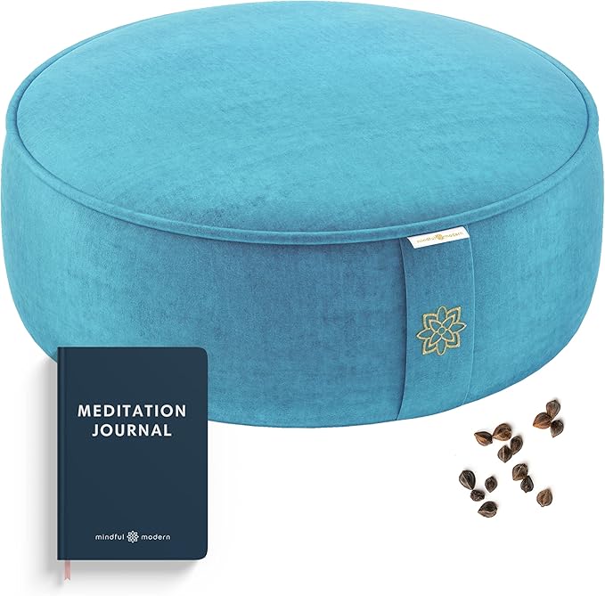 Mindful & Modern Velvet Meditation Cushion | Luxe Zafu Yoga Floor Pillow Seat | Posture Support | Buckwheat Hull Filled | Large Round Cushion with Removable Washable Cover + Carry Handle | Color Teal-GravixFit