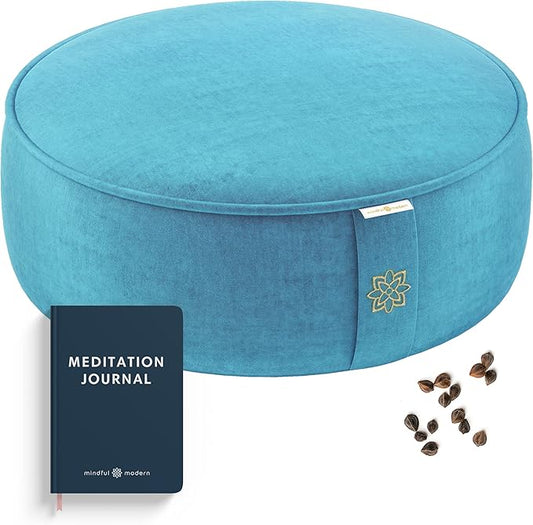 Mindful & Modern Velvet Meditation Cushion | Luxe Zafu Yoga Floor Pillow Seat | Posture Support | Buckwheat Hull Filled | Large Round Cushion with Removable Washable Cover + Carry Handle | Color Teal-GravixFit