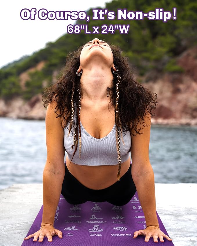 Instructional Travel Yoga Mat with 75 Poses & Exercises - Non-slip Exercise Mat for Home Workout, Includes Carrying Bag - Perfect for Beginners, 68"x24"x0.25"-GravixFit