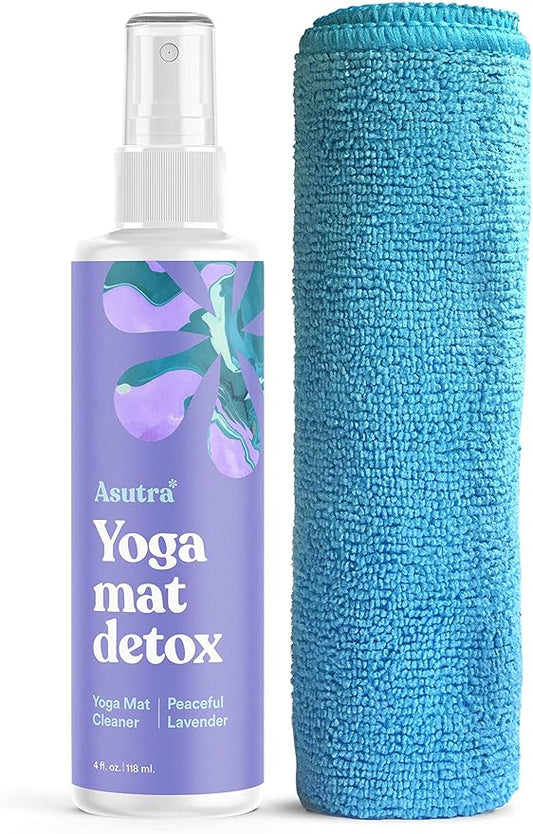 ASUTRA Yoga Mat Cleaner Spray (Peaceful Lavender), 4 fl oz - No Slippery Residue, Organic Essential Oils, Deep-Cleansing for Fitness Gear & Gym Equipment, Microfiber Towel Included-GravixFit