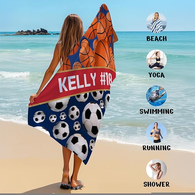 Personalized Beach Towel With Name, Custom Beach Towel with Text, Customized Basketball Football Microfiber Pool Towel, Quick Dry & Absorbent Swim Towel for Adult,Anniversary, Birthday, Summer Holiday-GravixFit