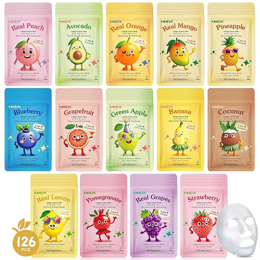 126 Pack Sheet Hydrating Face Masks Skincare for Women, Bulk Fruit Face Mask Skin Care for Kids, Facial Masks Set for All Skin Types, Christmas Birthday Gifts, Spa Party Supplies for Girls Teens-GravixFit