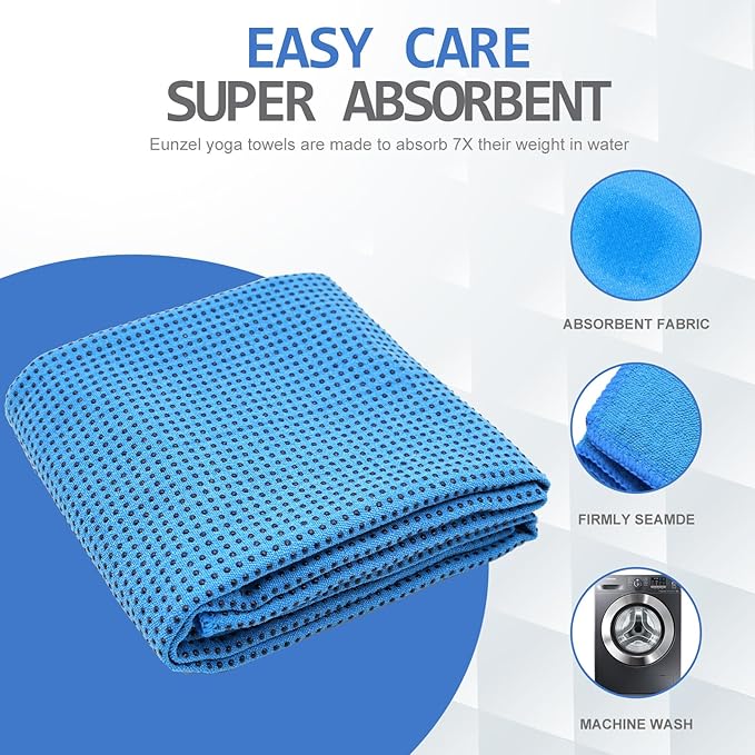Eunzel Yoga Towel,Hot Yoga Mat Towel with Grip Dots Sweat Absorbent Non-Slip for Hot Yoga, Pilates and Workout 24" x72", Blue-GravixFit