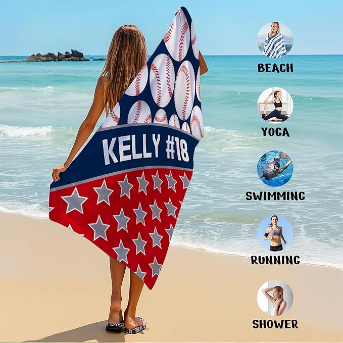 Personalized Beach Towel With Name, Custom Beach Towel with Text, Customized Microfiber Pool Towel, Quick Dry & Absorbent Swim Towel for Adult,Anniversary, Birthday, Summer Holiday,Vacation,Baseball-GravixFit