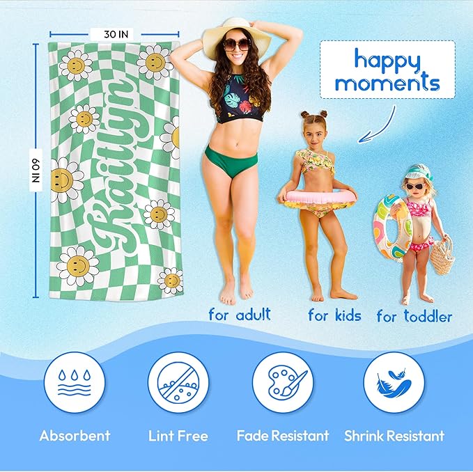 JML Personalized Beach Towel with Name, Custom Flower Beach Towel, Customized Microfiber Pool Towel, Quick Dry & Absorbent Swim Towel for Adult,Anniversary, Birthday, Summer Holiday,Vacation-GravixFit