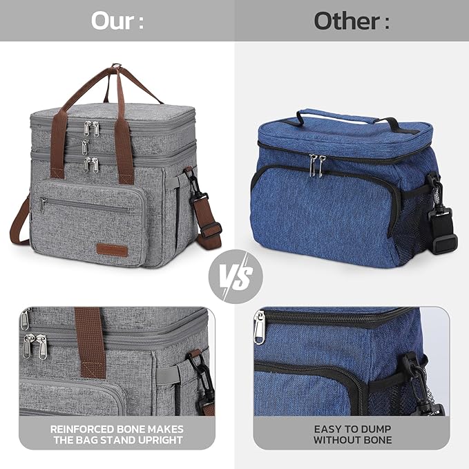 Maelstrom 23L Insulated Lunch Box For Men Women,Expandable Double Deck Lunch Cooler Bag,Lightweight Leakproof Tote Bag With Side Tissue Pocket,Gray-GravixFit