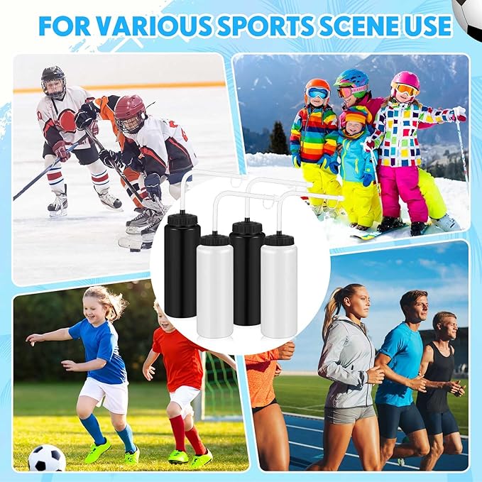 Domensi 4 Pack 1 Liter Sports Water Bottle W/long Straw Hockey Lacrosse Water Bottle with Straw Bpa Free Squeeze Plastic Use Sport Helmet in Football Baseball Gym(Black/translucent,Classic)-GravixFit