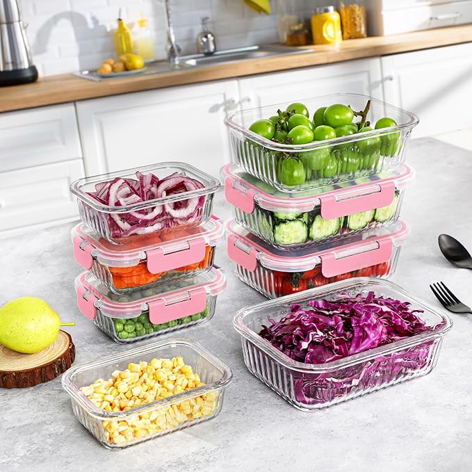 10 Packs Glass Meal Prep Containers with Lids, Glass Food Storage Containers Set, Airtight Lunch Containers, Microwave, Oven, Freezer and Dishwasher Safe, Pink-GravixFit