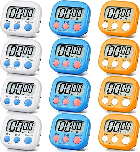 12 Pack Digital Kitchen Timer Magnetic Digital Timer with Big Display Loud Ring Cooking Timers for Kitchen Electronic Timer for Cooking, Bathing, Gym, Break Time, Classroom(12,White, Blue, Orange)-GravixFit