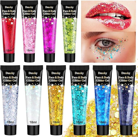 10 Colors Body Glitter,Face Glitter Makeup for Kids Women,Sparkly Chunky Hair Glitter for Eye Lip Hair Nails,Mardi Gras Glitter Makeup Face Paint,Singer Concerts Disco Rave Festival Accessories-GravixFit