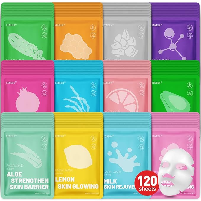 120 Pack Collagen Essence Sheet Face Masks Skincare, Moisturizing & Hydrating Face Mask for Skin Care, Bulk Face Masks for All Skin Types, Spa Party Gifts for Women (12 Types x 10 Pcs)-GravixFit