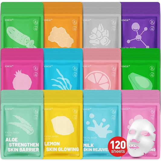 120 Pack Collagen Essence Sheet Face Masks Skincare, Moisturizing & Hydrating Face Mask for Skin Care, Bulk Face Masks for All Skin Types, Spa Party Gifts for Women (12 Types x 10 Pcs)-GravixFit