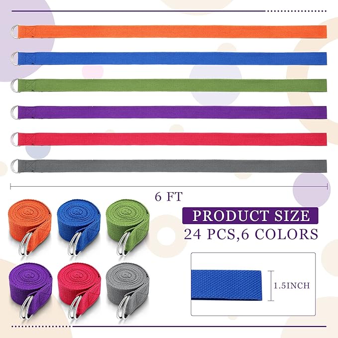 Leyndo 24 Pieces Yoga Strap Stretching Pilates Exercise Adjustable Straps 6 ft Non Elastic Yoga Belt with Adjustable D Ring Buckle for Pilates Gym Workouts Fitness-GravixFit