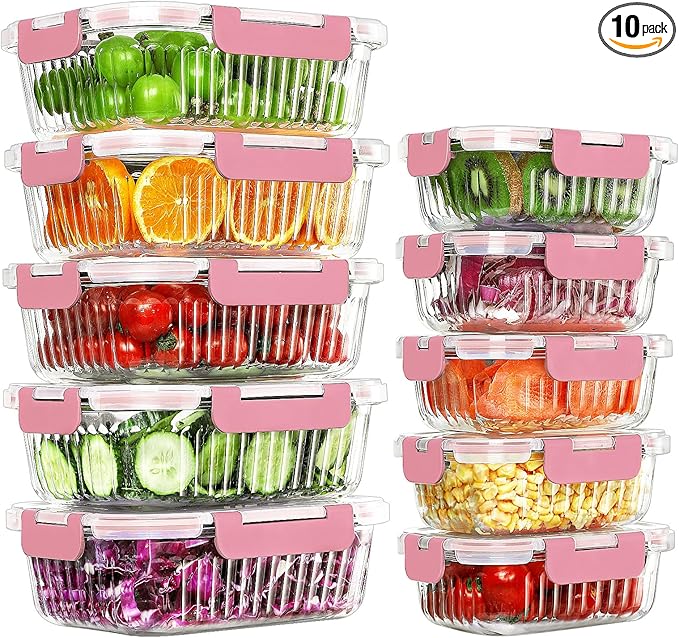 10 Packs Glass Meal Prep Containers with Lids, Glass Food Storage Containers Set, Airtight Lunch Containers, Microwave, Oven, Freezer and Dishwasher Safe, Pink-GravixFit