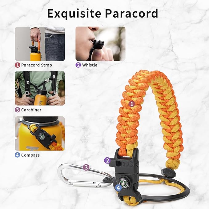 Trebo 32oz Water Bottle Insulated with Lid and Straw,Double Wall Vacuum Stainless Steel Metal Tumbler Sports Flask with Paracord Handle, Keep Hot 24 Hours & Cold 48 Hours Water Cup with 3 Lids, Orange-GravixFit