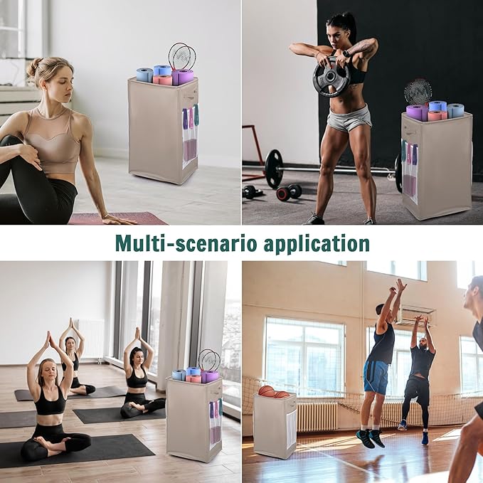 Yoga Mat Storage Racks, Home Gym Storage Rack with Wheels, Yoga Mat Holder Side 2 Mesh Pockets, Yoga Storage Basket Holds 4 Yoga Mats, 2 Foam Rollers, 6 Resistance Bands-GravixFit