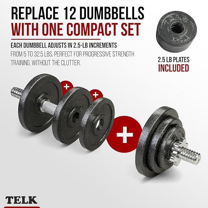 TELK – Adjustable Dumbbell Set – Home Gym Weight Set with Baked Enamel Cast Iron Plates – Space-Saving Free Weights for Strength Training-GravixFit