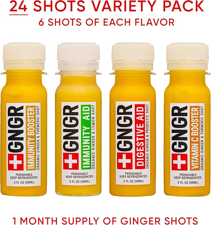 '+GNGR 24 Shots Variety Pack of Organic Immunity Boosting Ginger Shots - Cold Pressed Ginger Shots for All Natural Digestive and Immune Support - Nothing Artificial - USDA Organic (2 Fl Oz, 24 Pack)-GravixFit