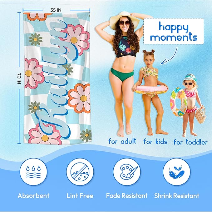 JML Personalized Beach Towel with Name, Custom Flower Beach Towel, Customized Microfiber Pool Towel, Quick Dry & Absorbent Swim Towel for Adult,Anniversary, Birthday, Summer Holiday,Vacation-GravixFit