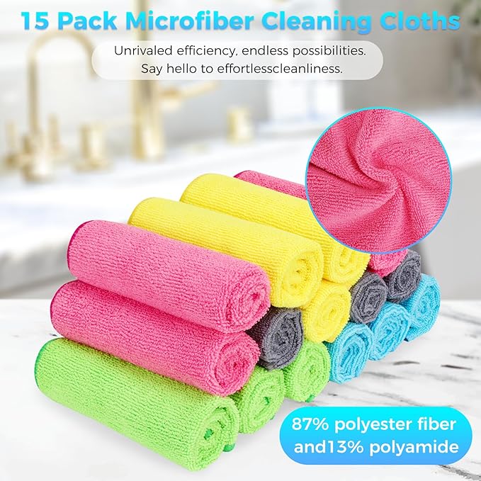 Microfiber Cleaning Cloth, Pack of 15, Lint Free, Absorbent, Streak Free, Non-Abrasive, Reusable and Washable，Cleaning Towels with 5 Color Assorted,11.5"X11.5"(Green/Blue/Yellow/Pink/Grey)-GravixFit