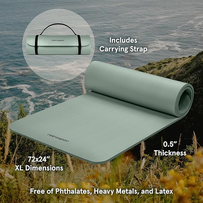 Retrospec Solana Yoga Mat 1/2" Thick w/Nylon Strap for Men & Women - Non Slip Exercise Mat for Yoga, Pilates, Stretching, Floor & Fitness Workouts-GravixFit